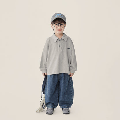 小さプリント純綿ポロ長袖シャツ