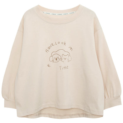 猫＆犬プリント純綿長袖T