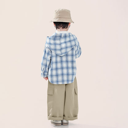 綿100%フード付きチェックシャツ