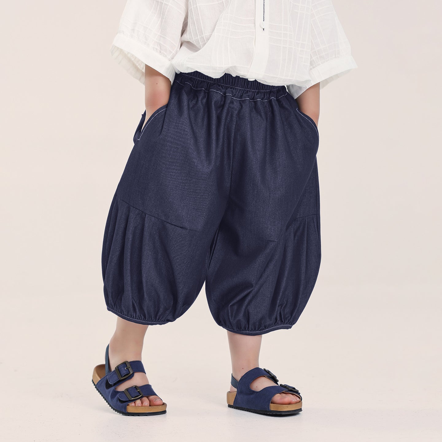 デニム風バルーン七分丈パンツ