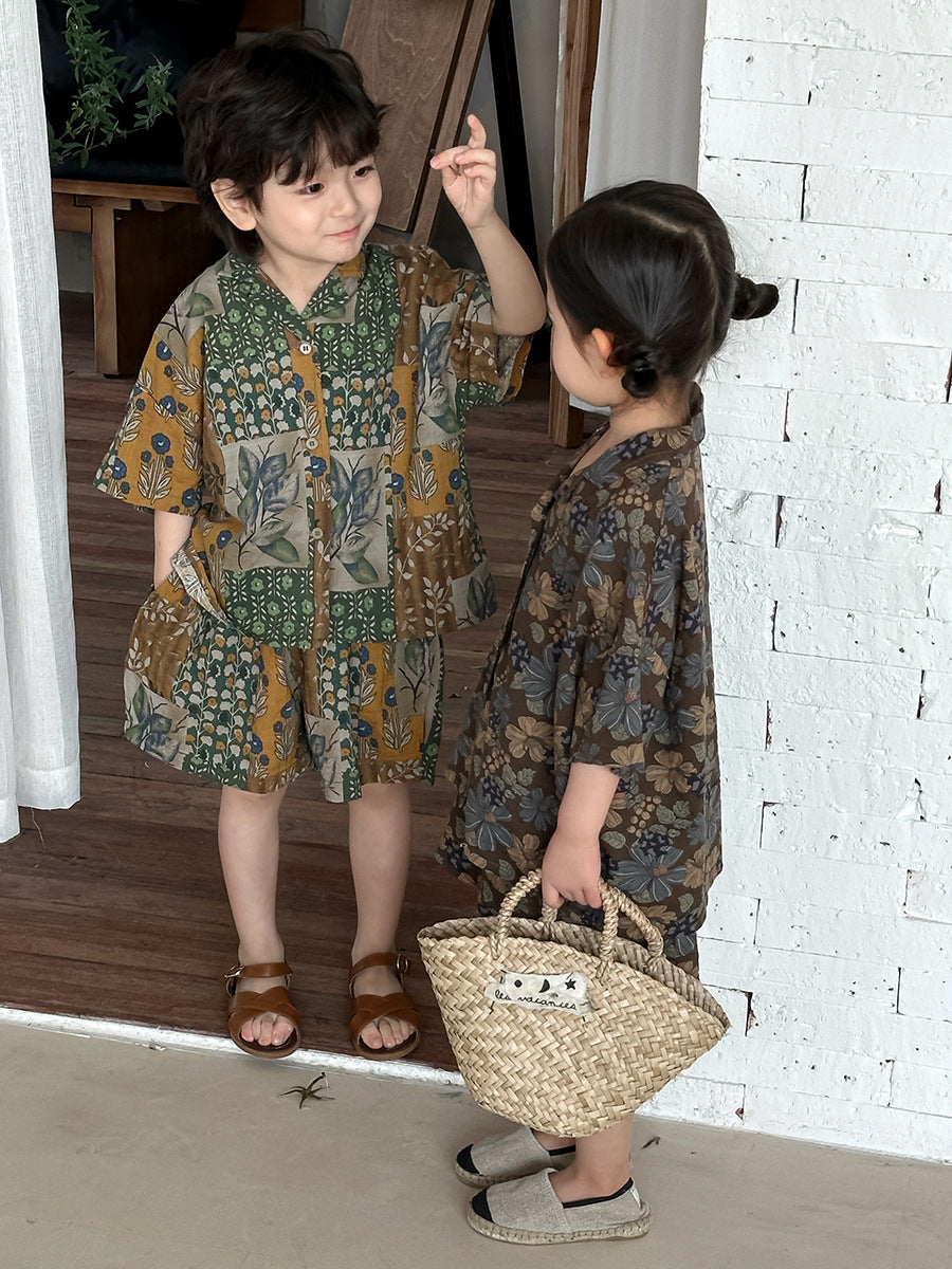 花総柄シャツとショートパンツ2点セット
