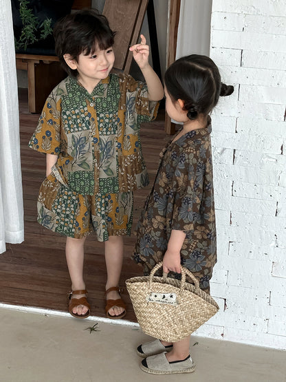 花総柄シャツとショートパンツ2点セット