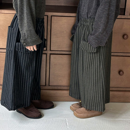 縦ストライプウール調ワイドパンツ
