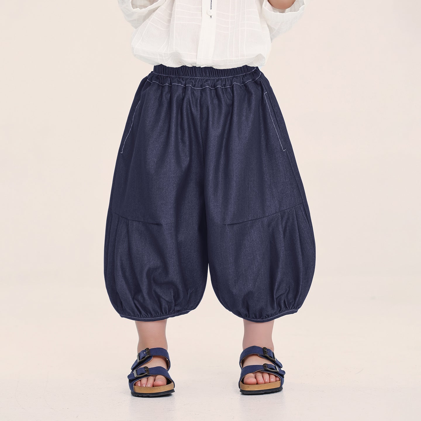 デニム風バルーン七分丈パンツ