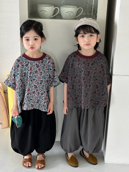 小花柄ドロップショルダー半袖Tシャツ