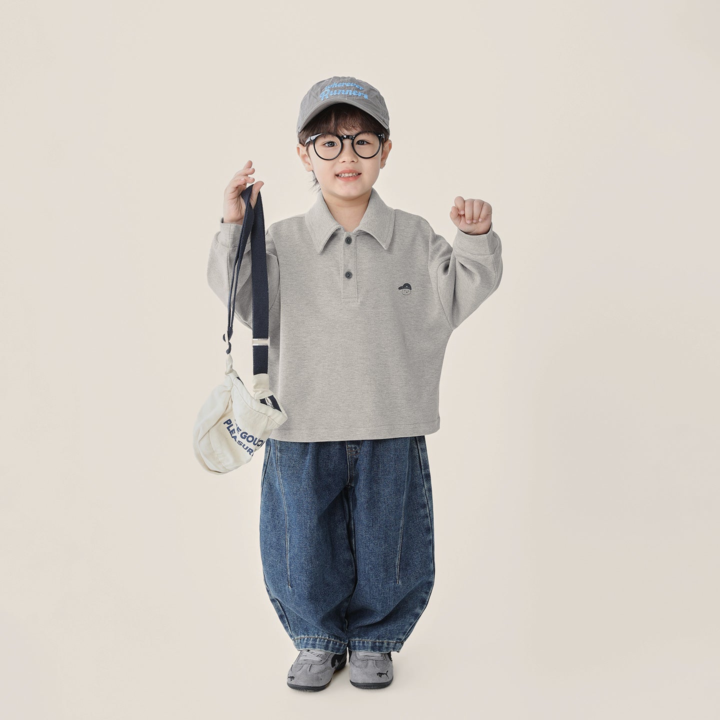 小さプリント純綿ポロ長袖シャツ