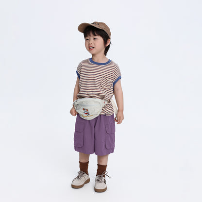 多色ボーダードロップショルダー半袖Tシャツ