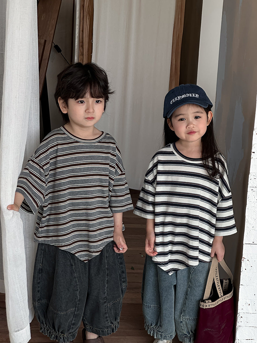 裾アシンメトリーボーダー柄Tシャツ