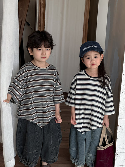 裾アシンメトリーボーダー柄Tシャツ
