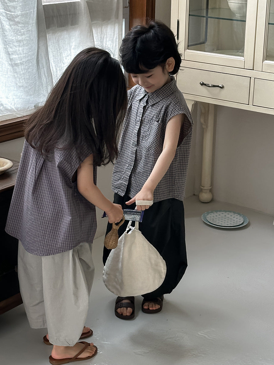 細かチェックノースリーブシャツ