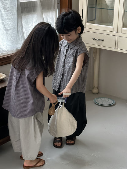 細かチェックノースリーブシャツ