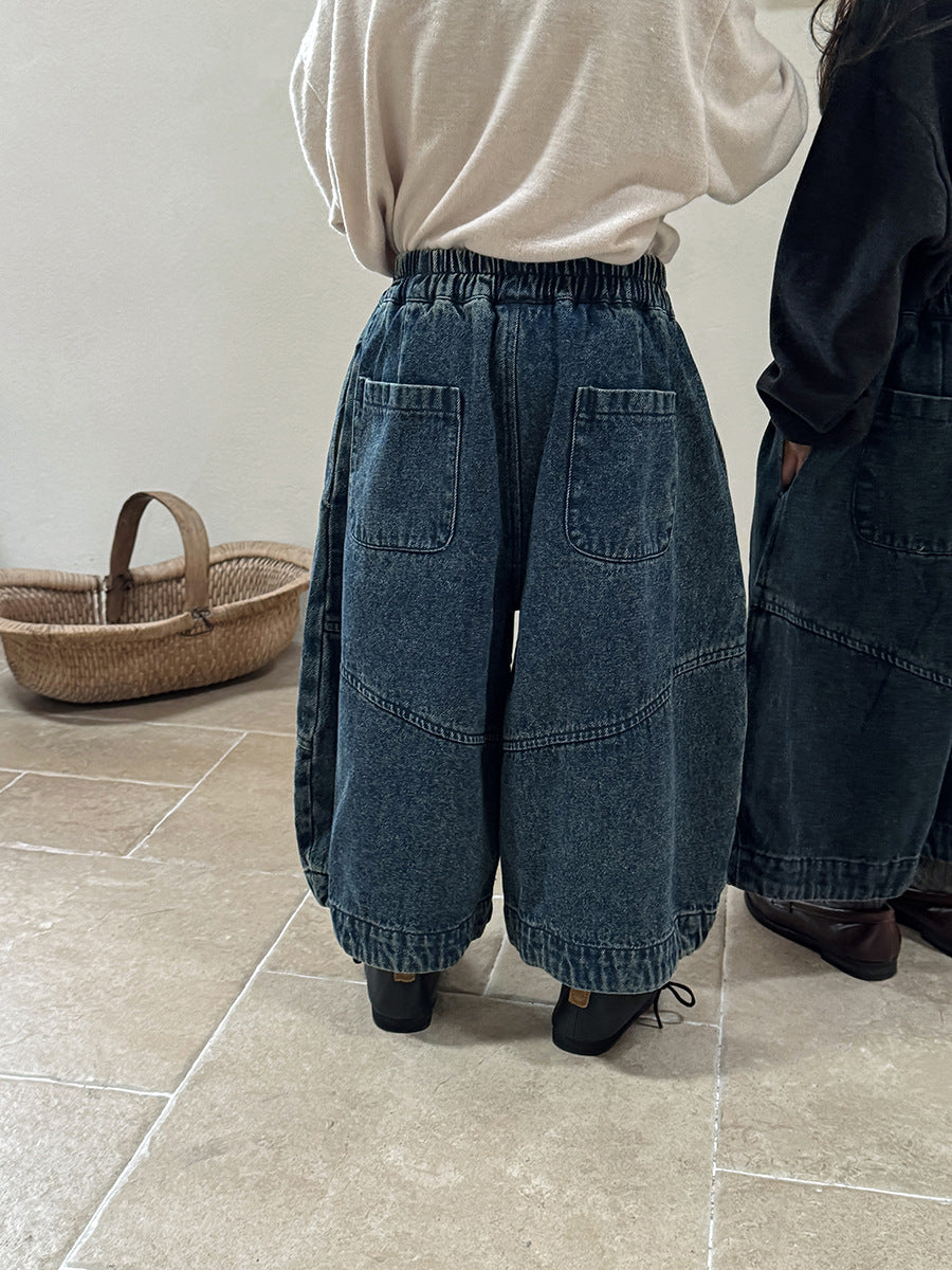 コットン混切替デニムワイドパンツ