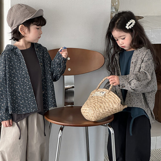 小花柄綿100%フードシャツ