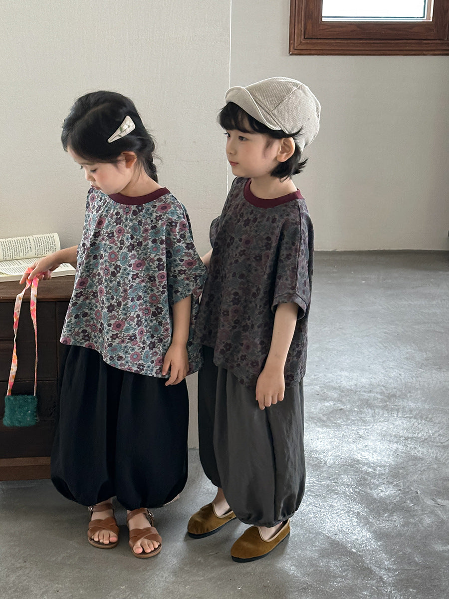 小花柄ドロップショルダー半袖Tシャツ