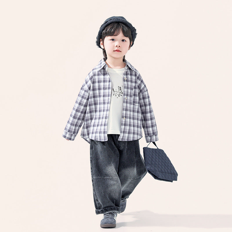 繊細凹凸縞模様チェックシャツ