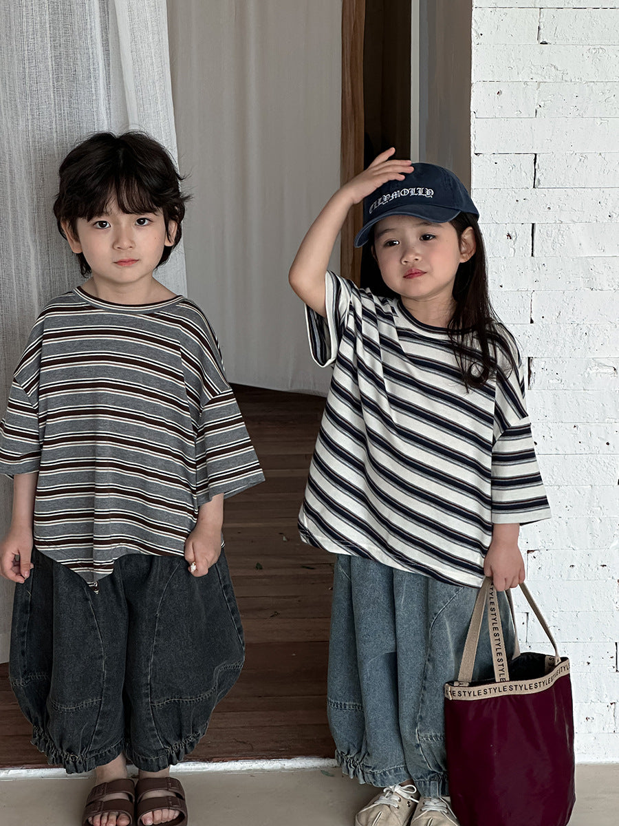 裾アシンメトリーボーダー柄Tシャツ