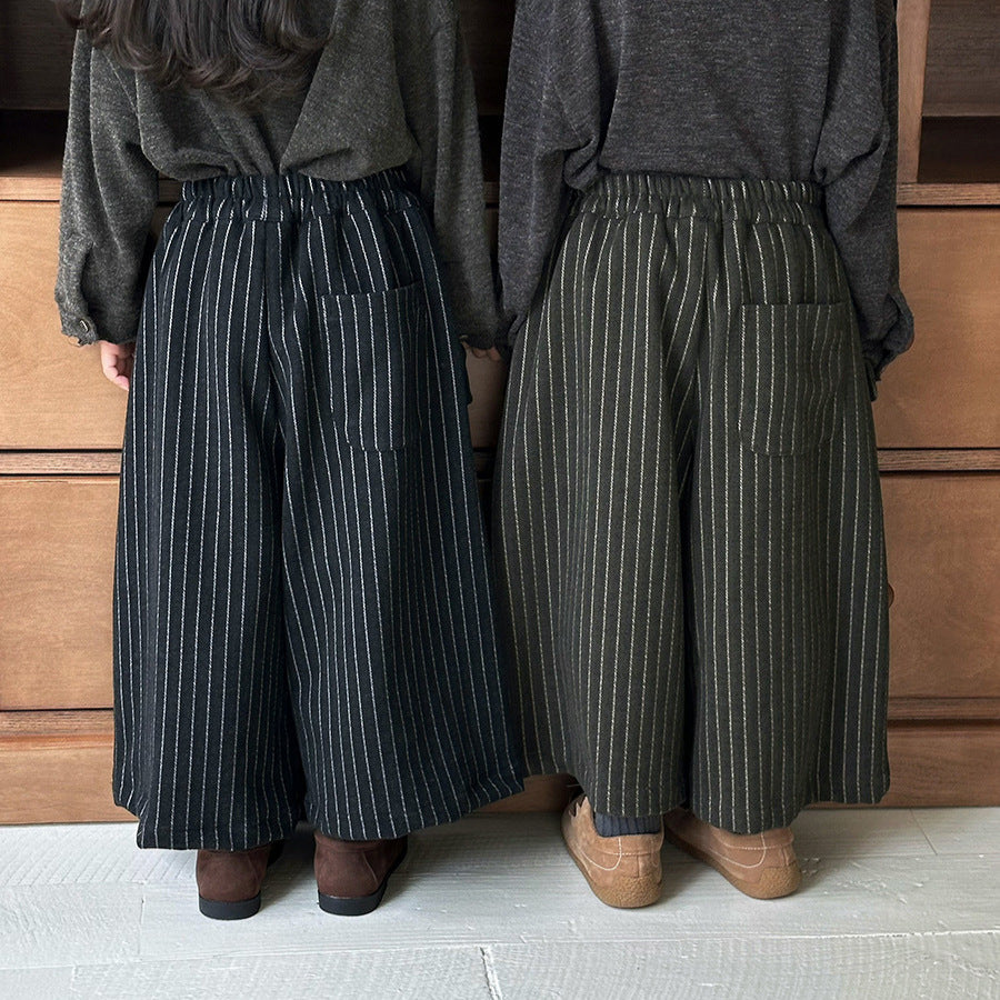 縦ストライプウール調ワイドパンツ