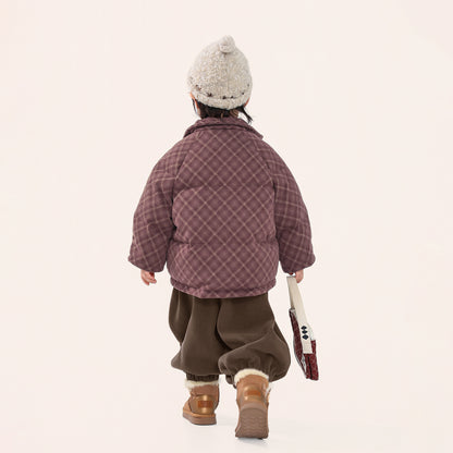 赤チェック中綿コート