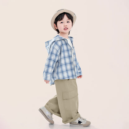 綿100%フード付きチェックシャツ