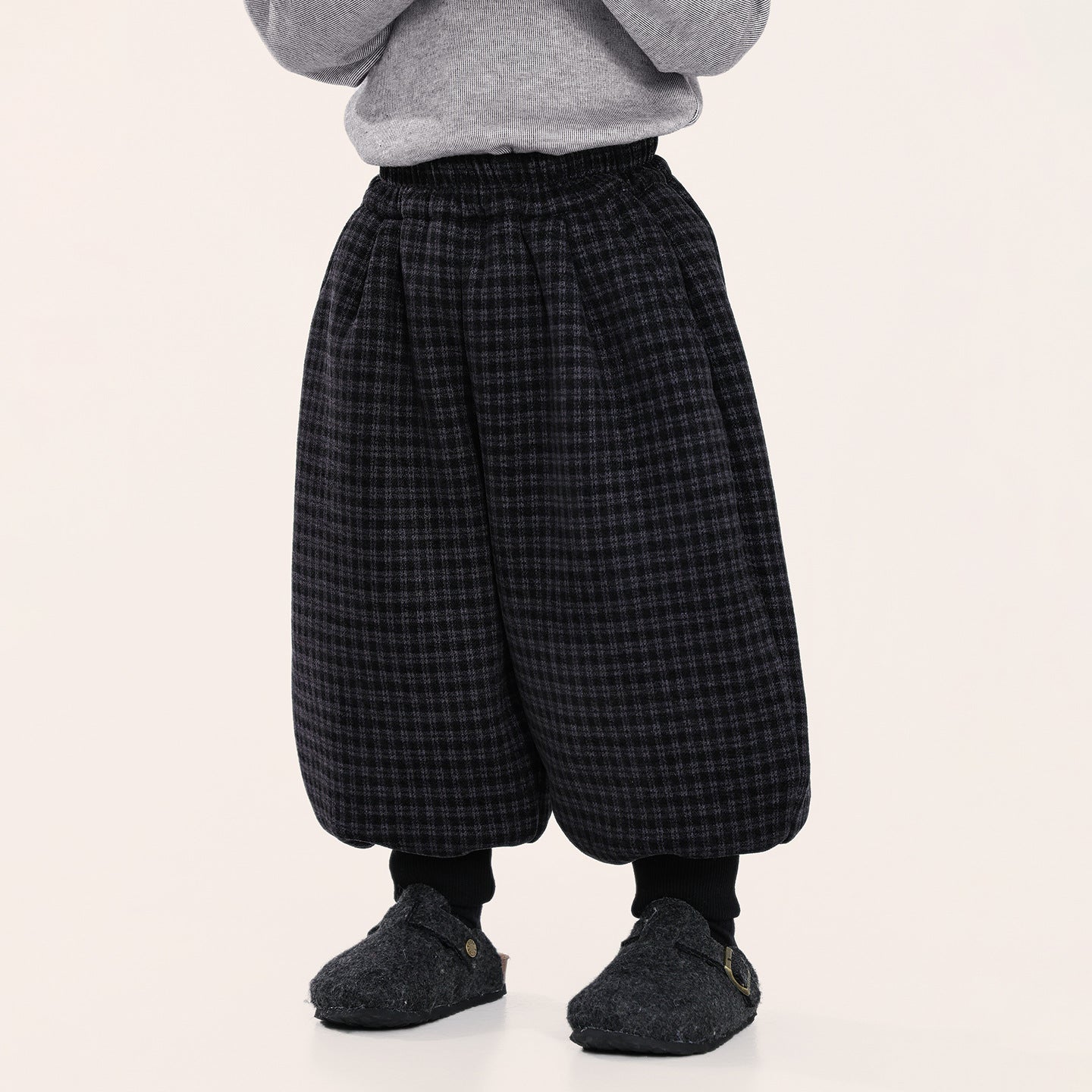 チェック柄裾リブ裏ボアパンツ