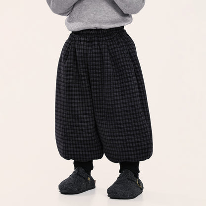 チェック柄裾リブ裏ボアパンツ