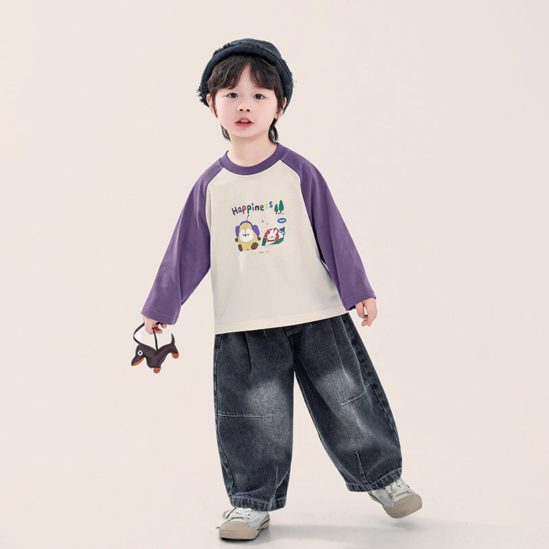 カラフルプリント綿100%ラグランTシャツ