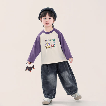 カラフルプリント綿100%ラグランTシャツ