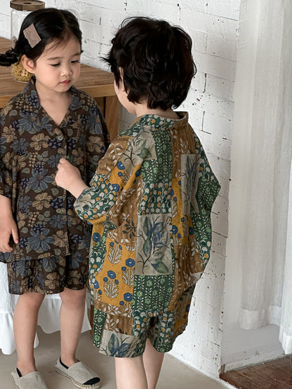花総柄シャツとショートパンツ2点セット