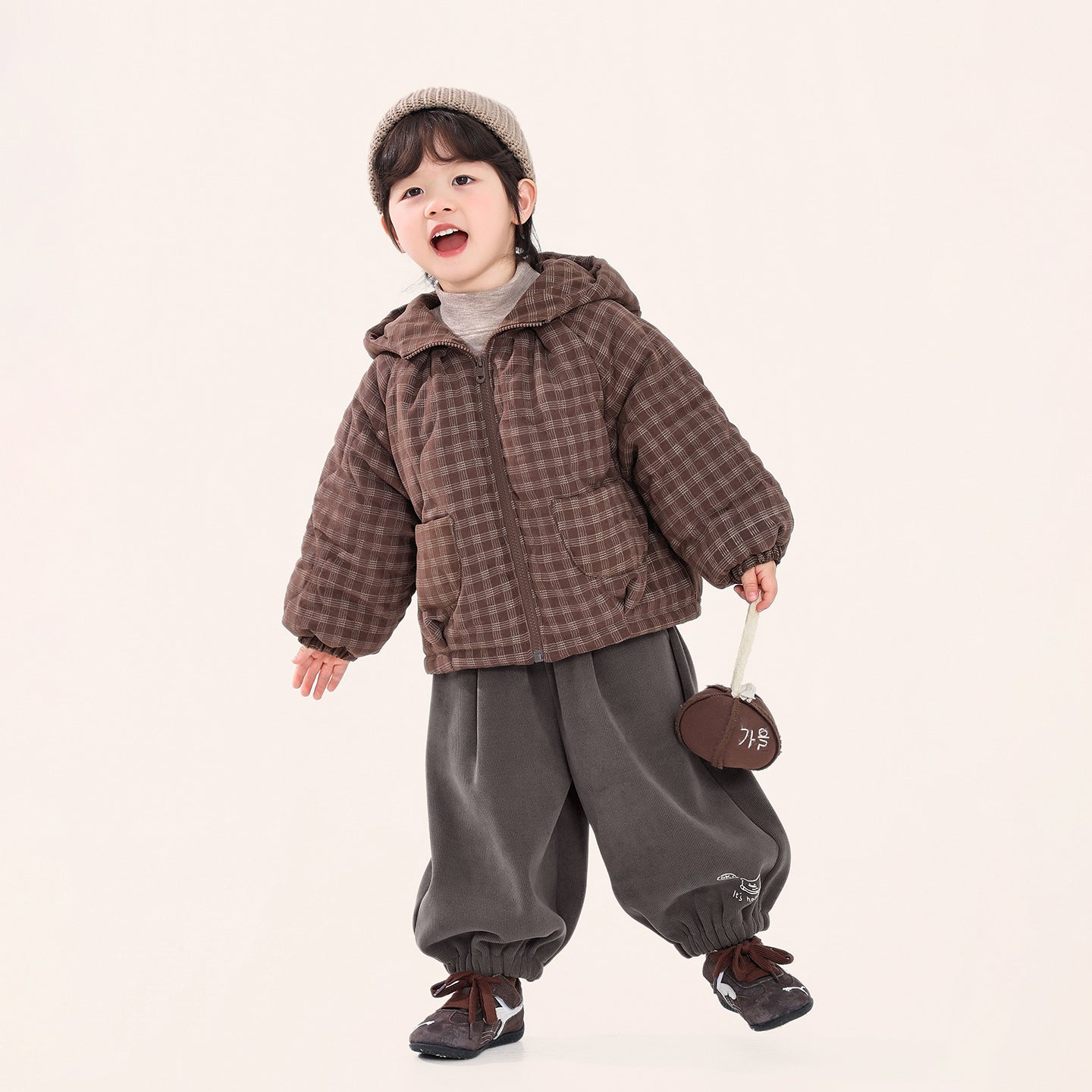 チェック柄中棉フード付きコート