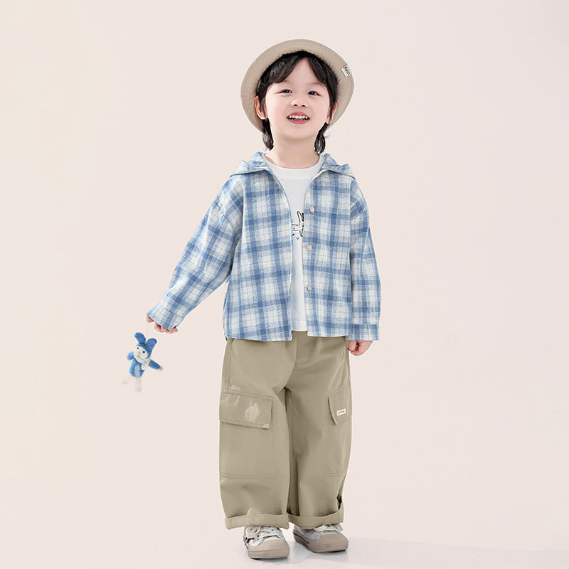 綿100%フード付きチェックシャツ