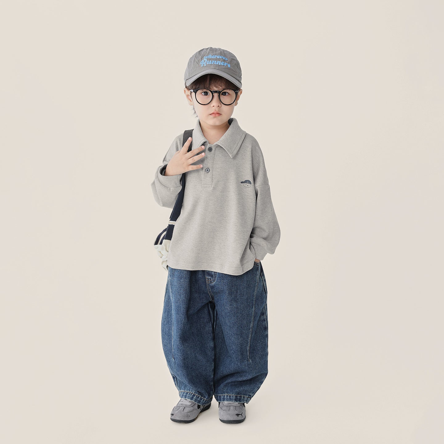 小さプリント純綿ポロ長袖シャツ