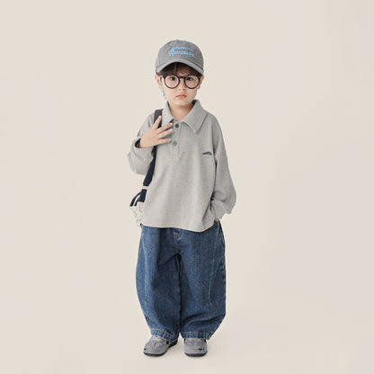 小さプリント純綿ポロ長袖シャツ
