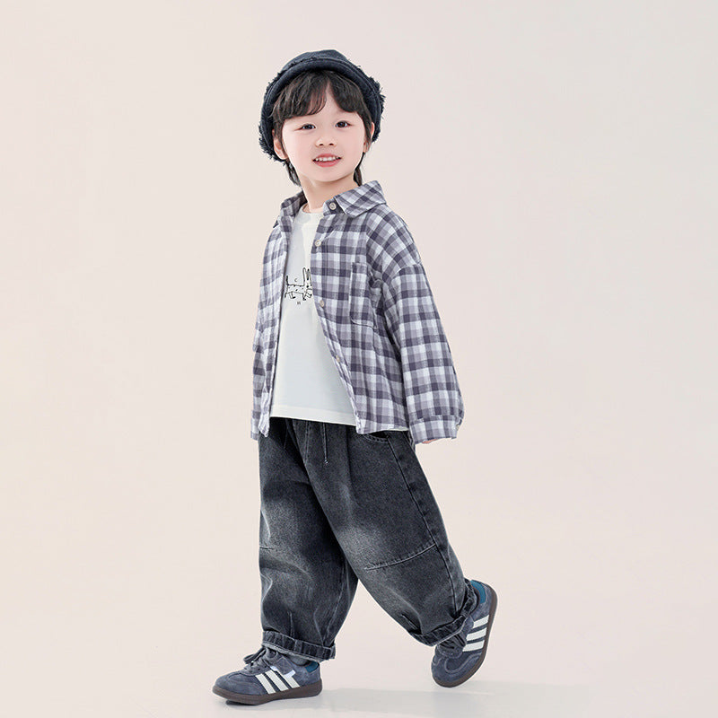 繊細凹凸縞模様チェックシャツ