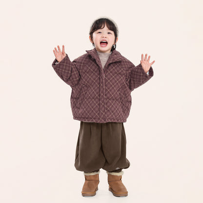 赤チェック中綿コート