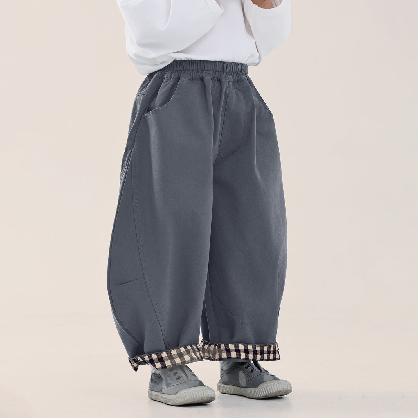 裾チェック切替コットンパンツ