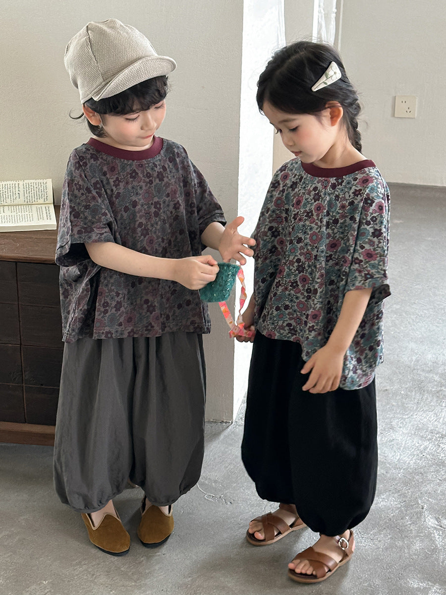 小花柄ドロップショルダー半袖Tシャツ