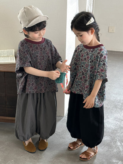 小花柄ドロップショルダー半袖Tシャツ