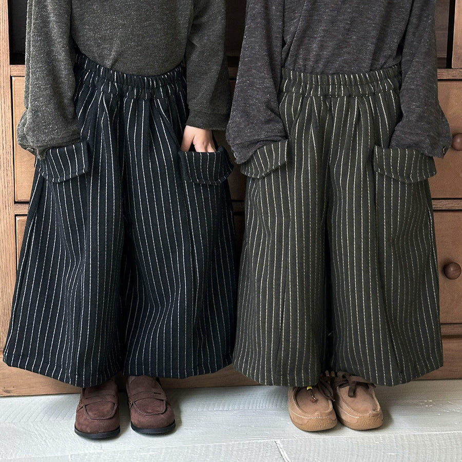 縦ストライプウール調ワイドパンツ