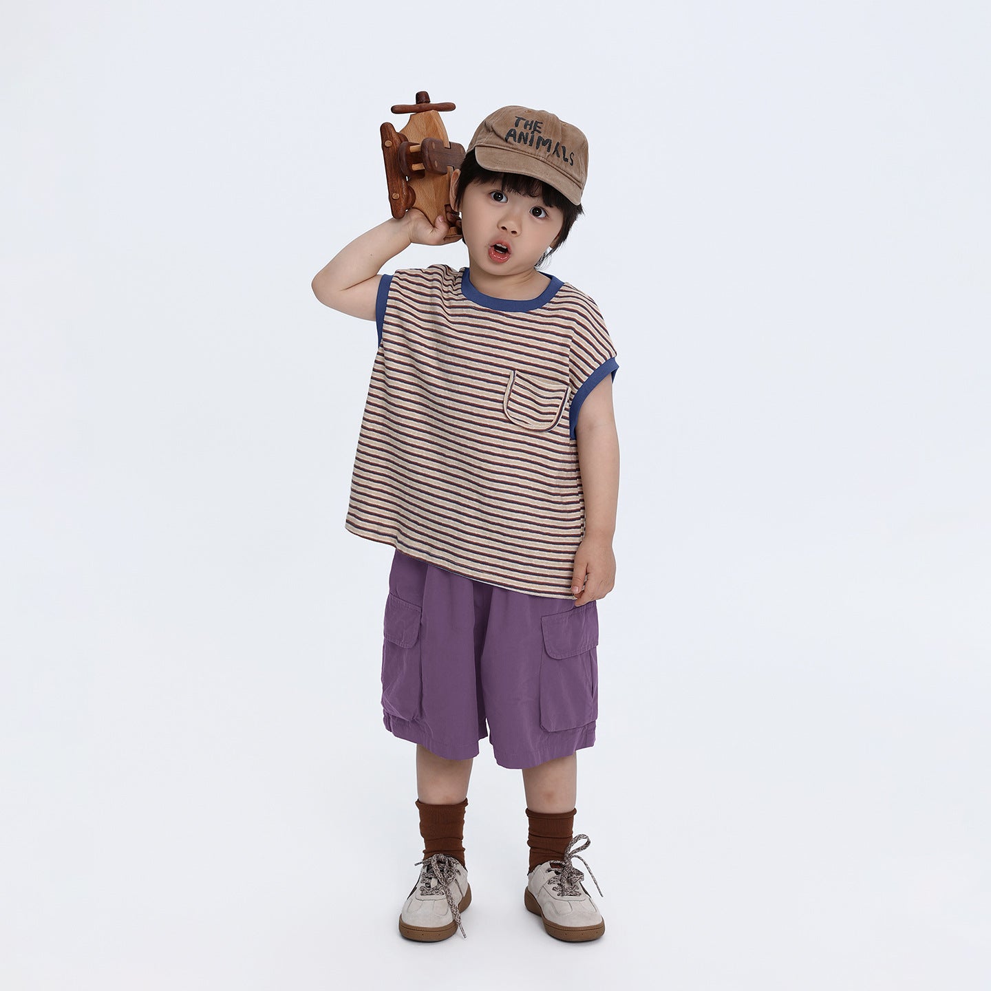 多色ボーダードロップショルダー半袖Tシャツ