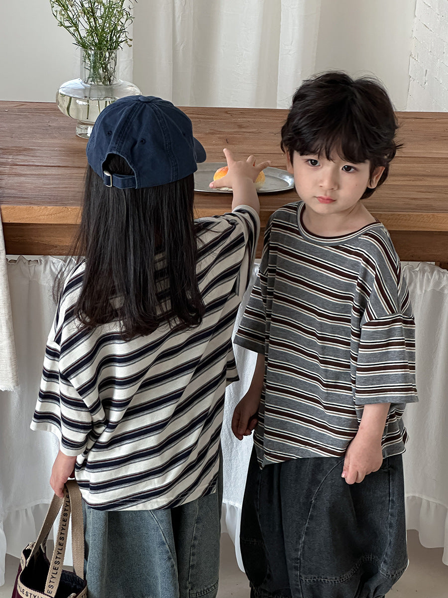 裾アシンメトリーボーダー柄Tシャツ