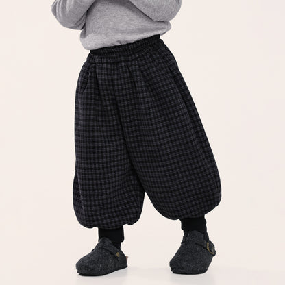 チェック柄裾リブ裏ボアパンツ