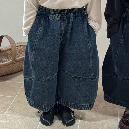 コットン混切替デニムワイドパンツ