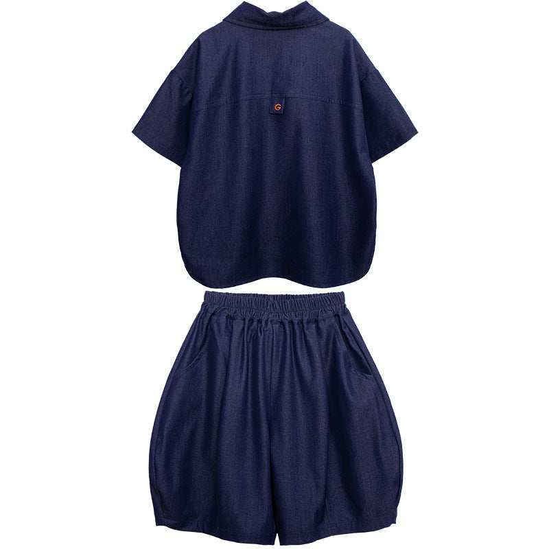 デニム風半袖シャツ＆ショートパンツ2点セット