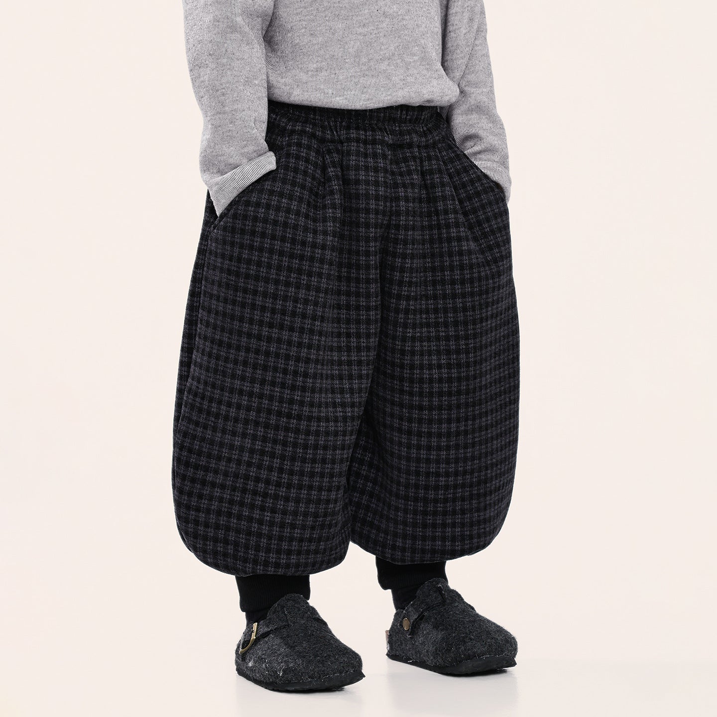 チェック柄裾リブ裏ボアパンツ