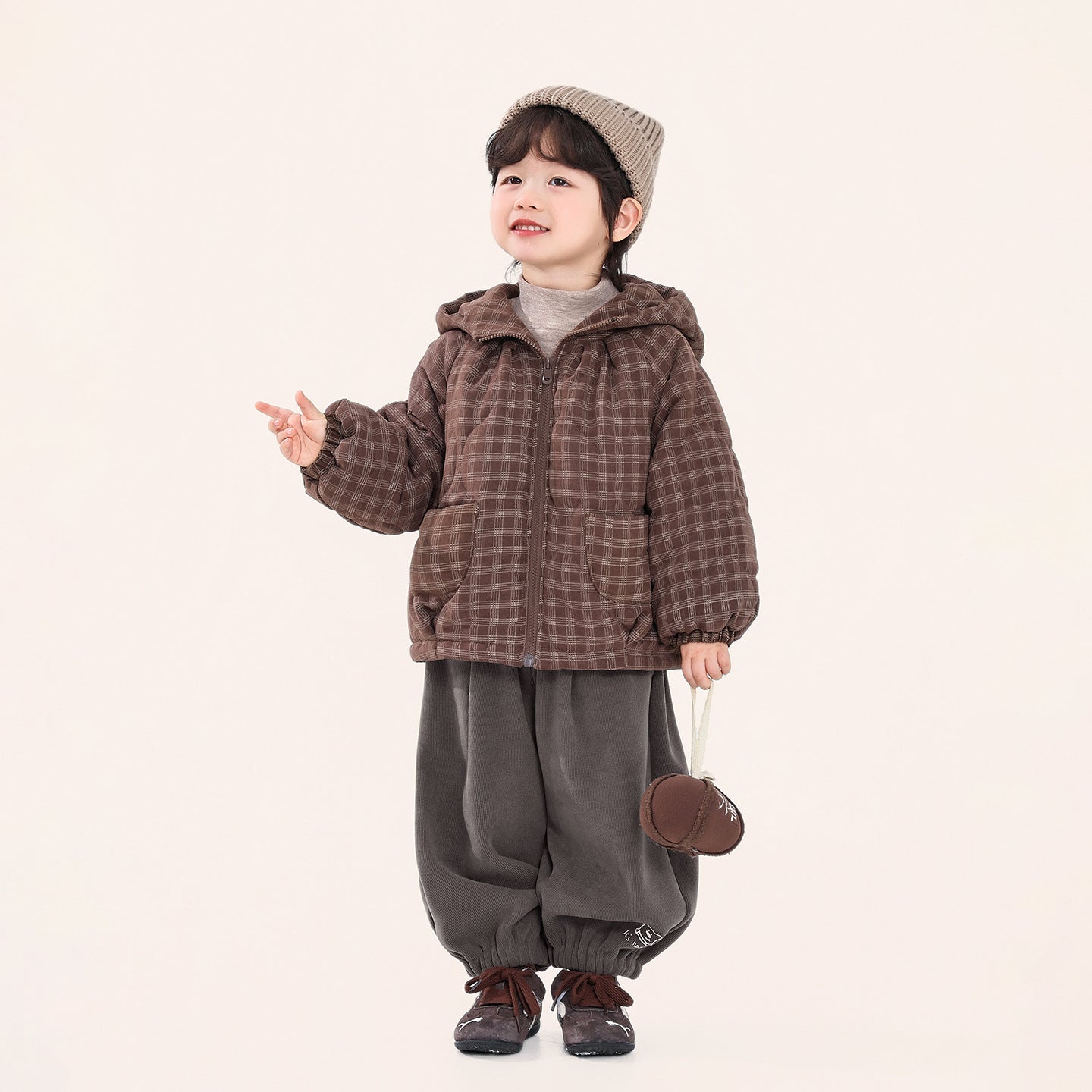 チェック柄中棉フード付きコート