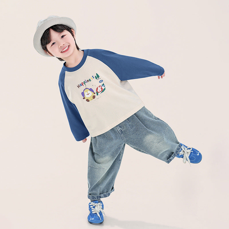 カラフルプリント綿100%ラグランTシャツ