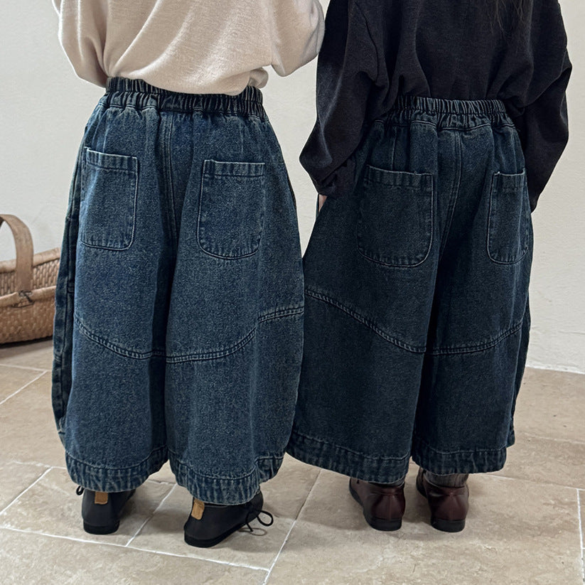 コットン混切替デニムワイドパンツ