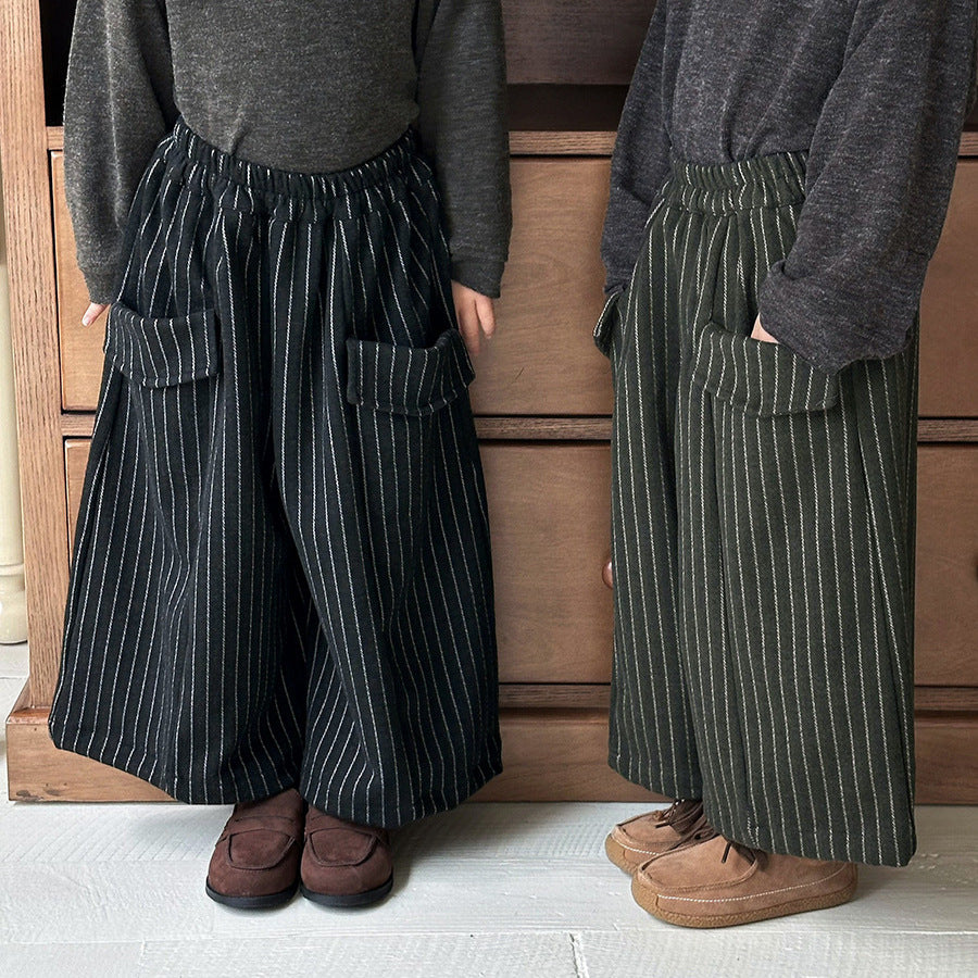 縦ストライプウール調ワイドパンツ