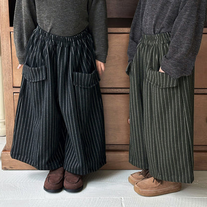 縦ストライプウール調ワイドパンツ