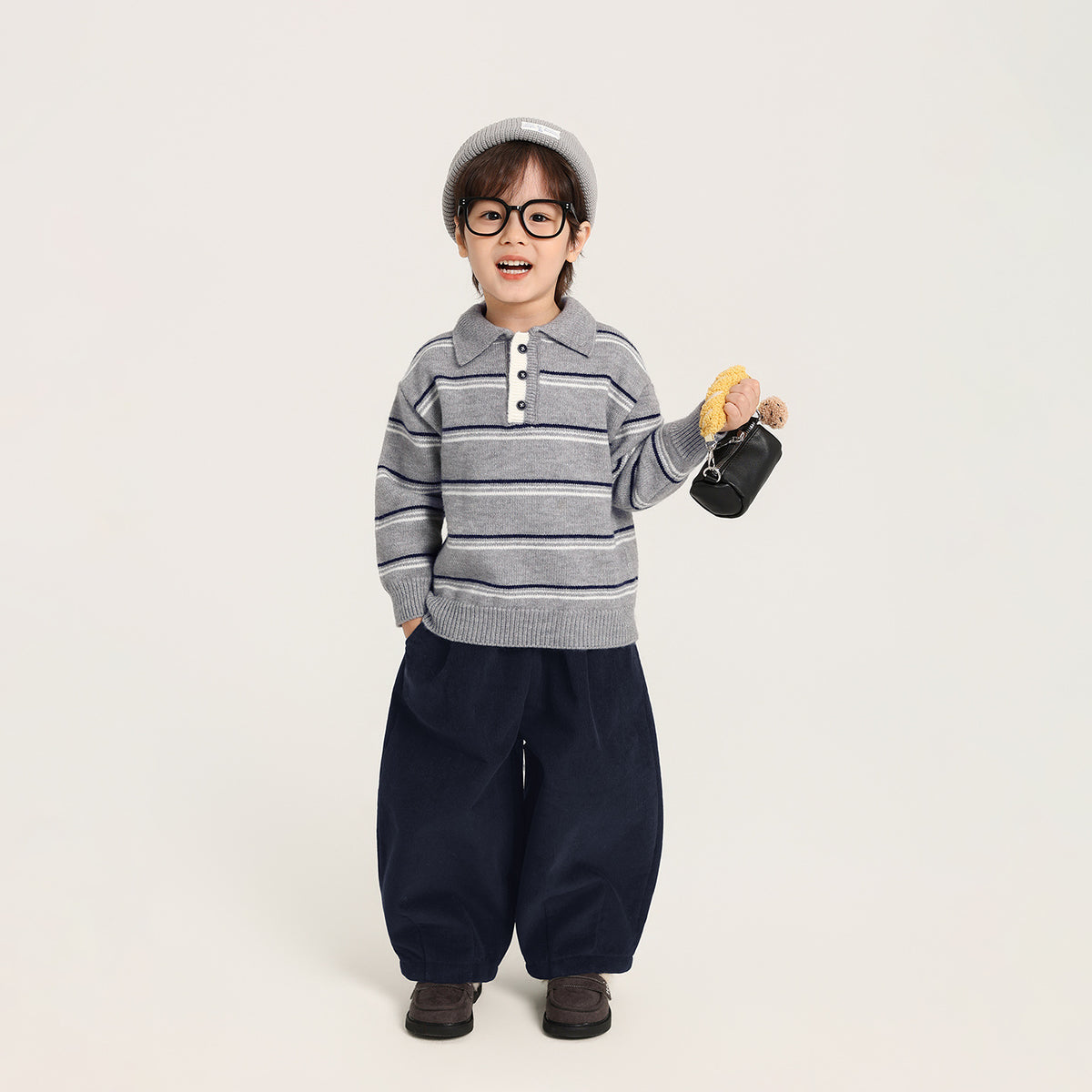ボーダー柄ポロカラーニット